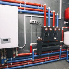 A modern boiler room with a white control unit mounted on the wall, connected to an array of blue and red pipes, gauges, and valves. The system includes a red expansion tank on the right and a series of black control units with pressure dials.