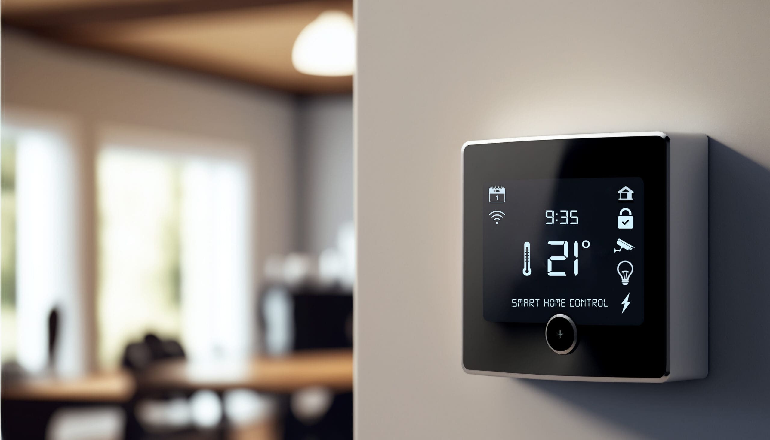 A modern smart thermostat is mounted on a light-colored wall. The display shows the time as 9:35 and the temperature set to 21 degrees Celsius. Various icons for home automation settings are visible. The background features a blurred view of a dining area.