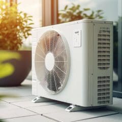 A modern air conditioning unit is installed on a patio, surrounded by green plants. It is positioned near a glass door, with sunlight filtering through, creating a bright and serene atmosphere.