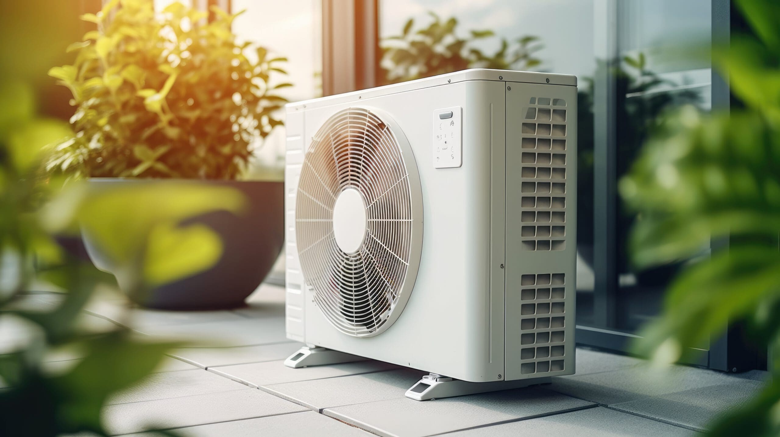 A modern air conditioning unit is installed on a patio, surrounded by green plants. It is positioned near a glass door, with sunlight filtering through, creating a bright and serene atmosphere.