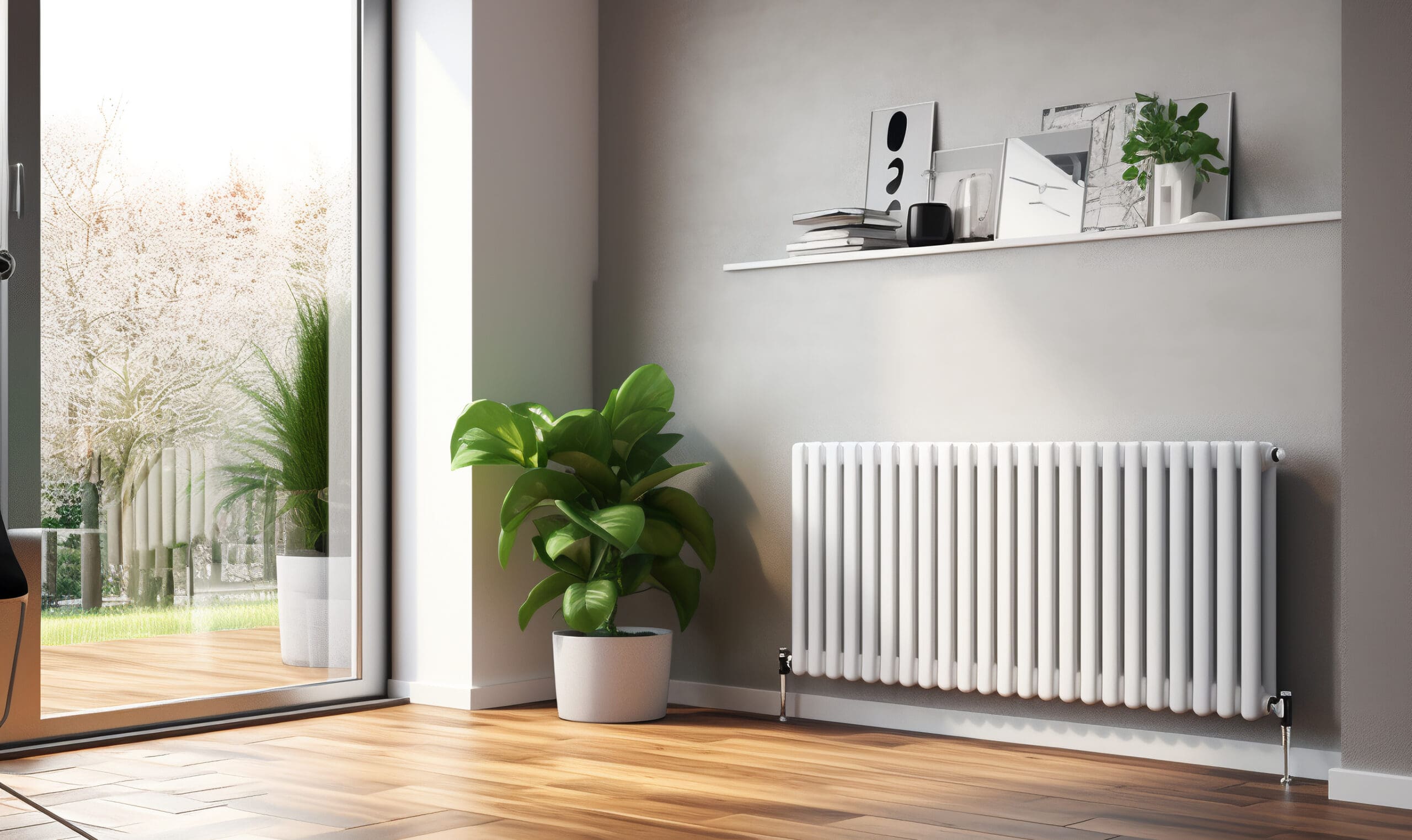 A modern room with a large window and wooden floor features a white radiator against a grey wall. A potted plant is placed nearby, and a shelf above the radiator holds decorative items and small plants. Outside, there's a garden with more greenery.