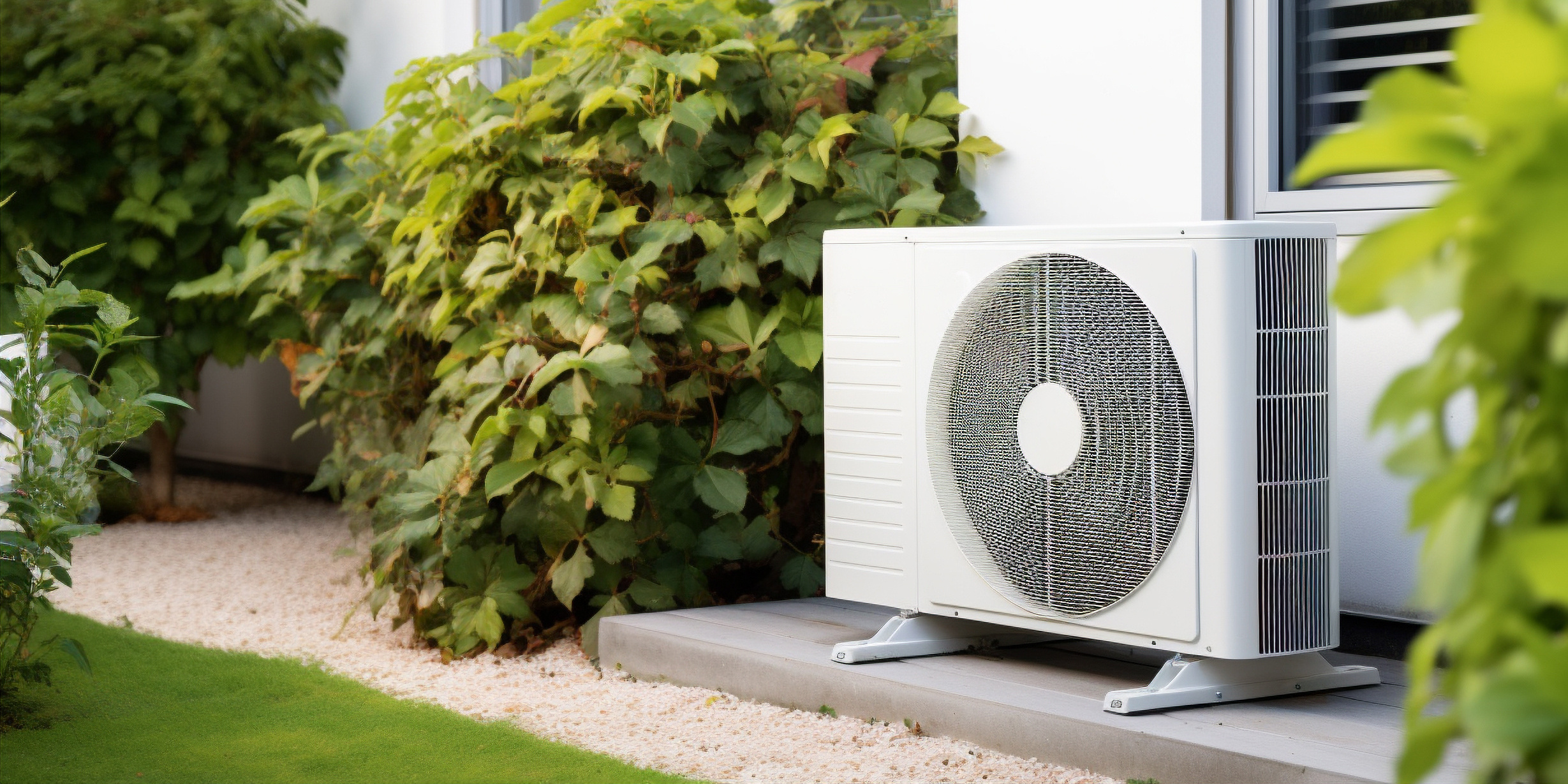 An air conditioning unit is installed on an external wall of a house next to a garden. It is surrounded by green foliage, with a well-manicured lawn and a pebbled path in the foreground. The setting appears calm and well-maintained.