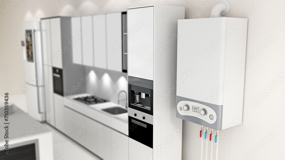 Modern kitchen with white cabinets and appliances. A gas boiler is mounted on the wall in the foreground, equipped with LED display and control knobs, with multicolored pipes connected at the bottom. The kitchen has a sleek and minimalist design.