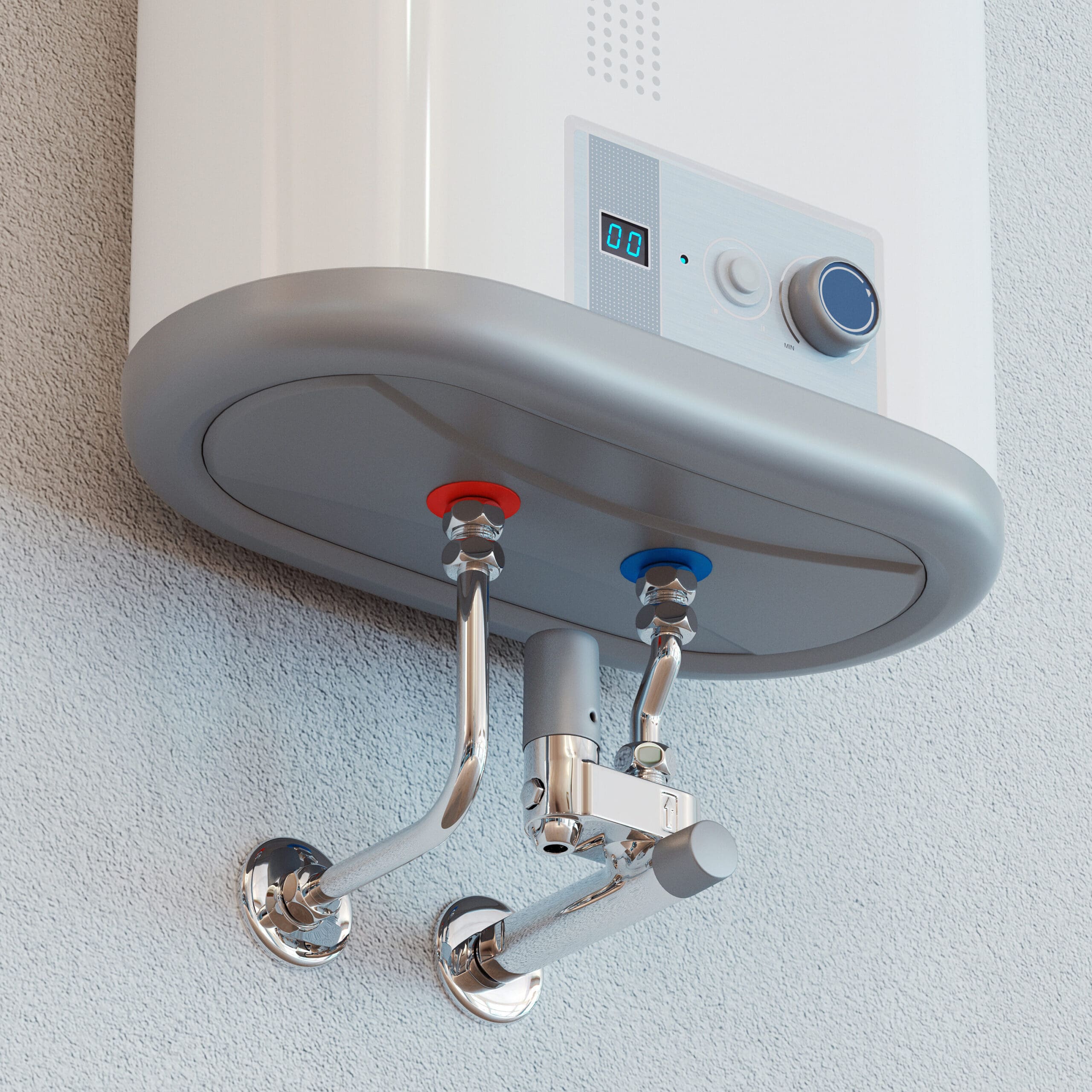 A close-up view of a modern wall-mounted water heater with a digital display and control knob. Two pipes with red and blue indicators for hot and cold water are connected at the bottom. The heater is mounted on a light-colored wall.