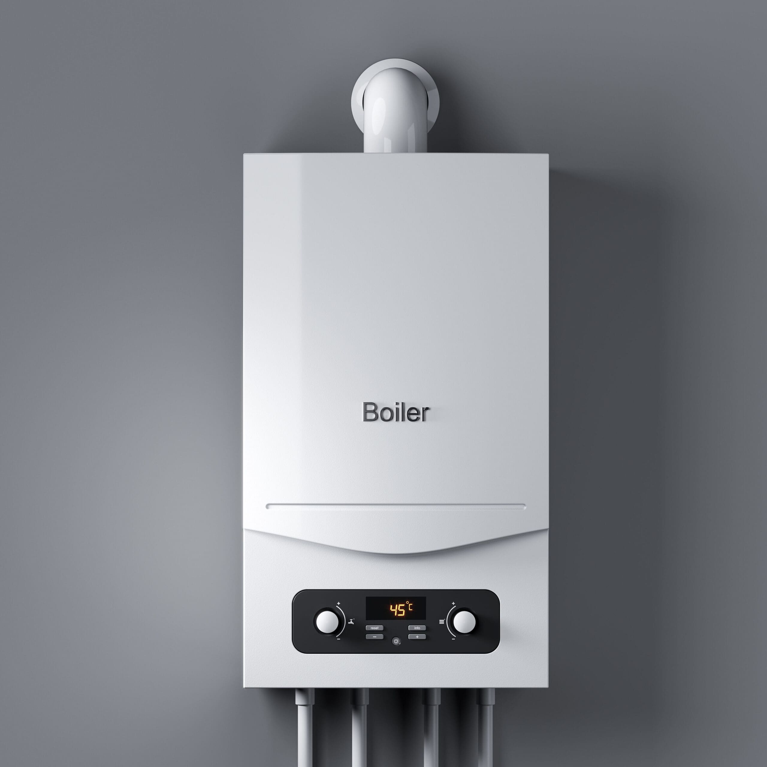 A modern, wall-mounted white boiler is against a gray background. It has a digital display on the front showing a temperature of 45°C and two control knobs below the display. Several pipes are connected at the bottom.