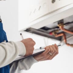 A person wearing a blue overall and a white shirt is holding a clipboard and pen, inspecting or repairing the interior of a white appliance, possibly a boiler or furnace, with visible copper pipes and connections.