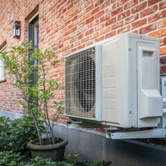 Close-up view of an outdoor air conditioning unit mounted on a red brick wall of a house. A small potted plant and greenery are in the foreground. The unit has a protective grill and attached pipes extending into the building.