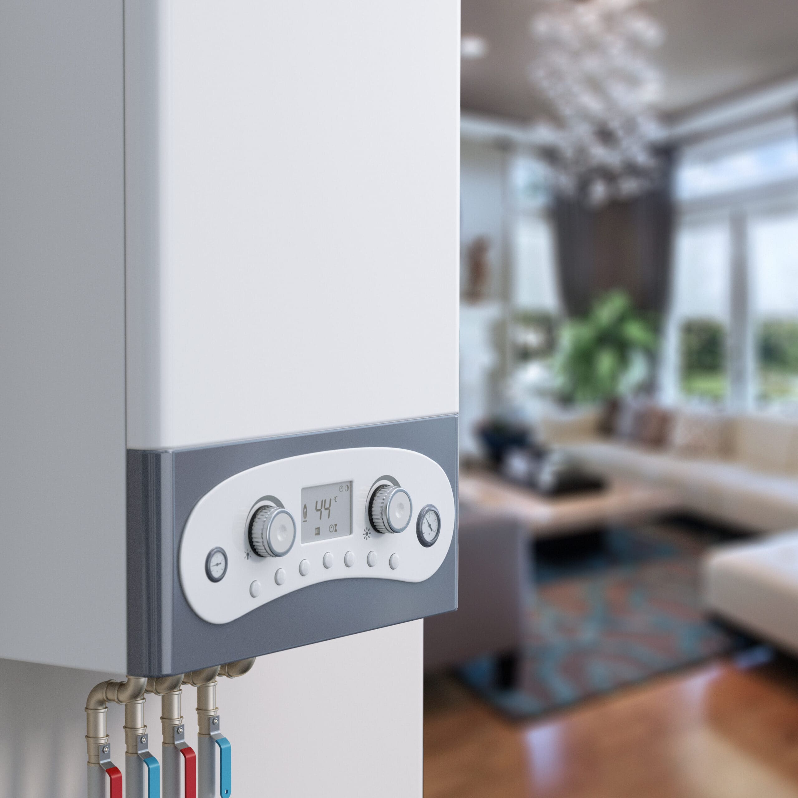 Close-up of a modern, wall-mounted boiler in a contemporary living room. The boiler's digital control panel is in focus, displaying a temperature reading of 44.4°C. The blurred background reveals a spacious, well-lit room with large windows, plants, and cozy furniture.